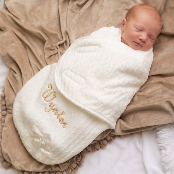 Cable Knit Swaddle Wrap With Bow - White