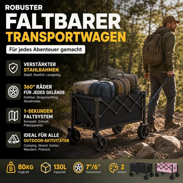 Zware spullen sjouwen naar het strand, de camping of de tuin – je rug erbij? Deze opvouwbare buitenwagen met verdikt koolstalen frame draagt