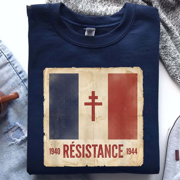 Vintage 1940 Resistance 1944 Sweatshirt, Distressed French Flag Cross of Lorraine Navy Crewneck, Retro WWII Free France History Lover Gift P