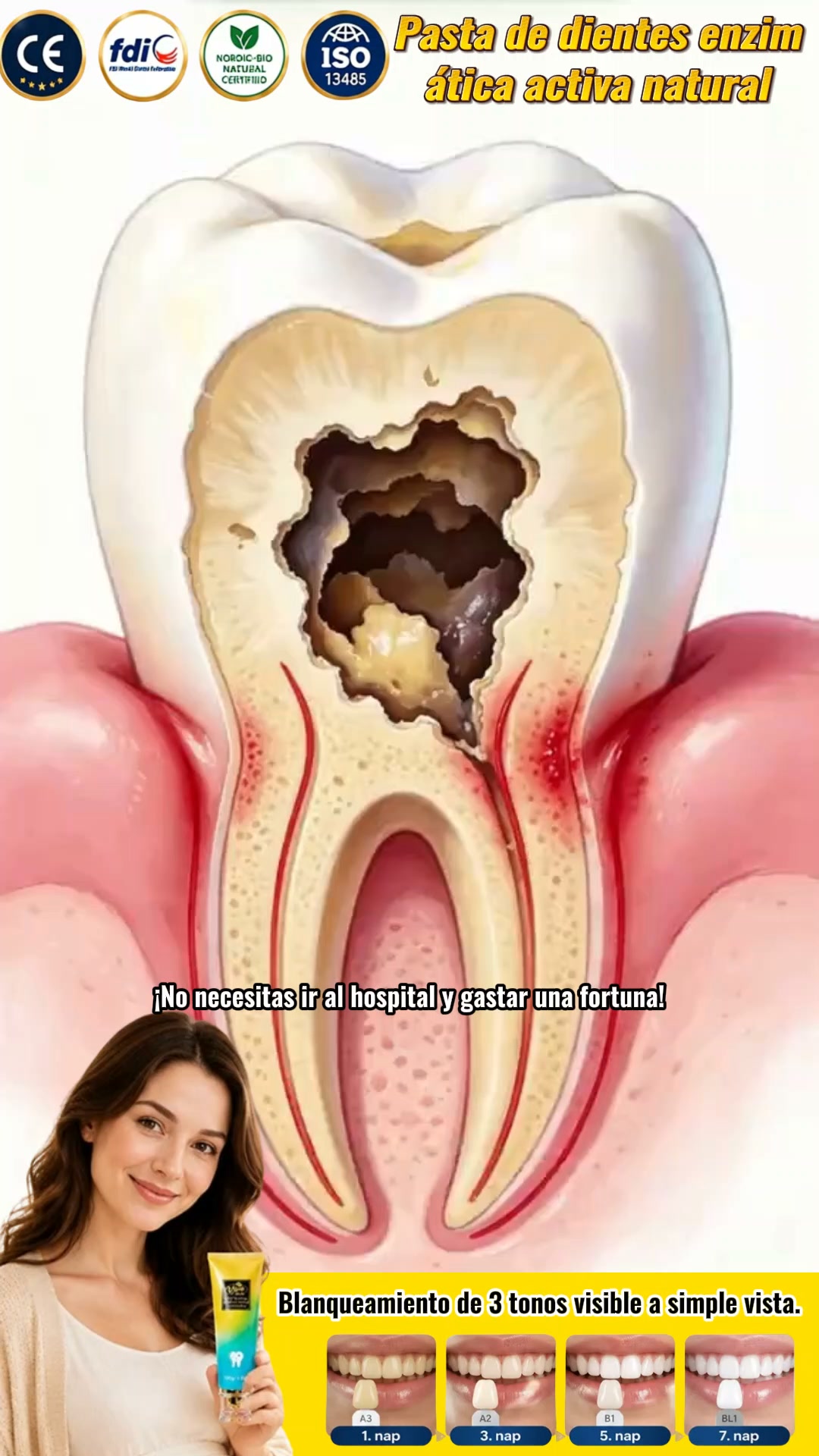 Suero de nanohidroxiapatita para el cuidado dental diario.