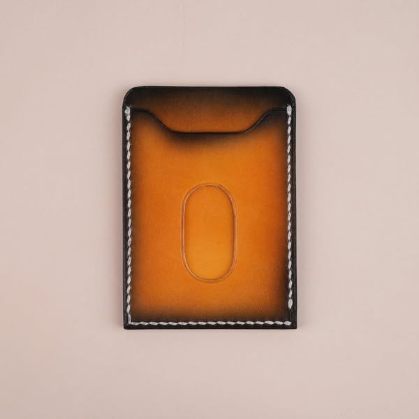 Minimalist Orange Leather Card Holder - Patina Finish