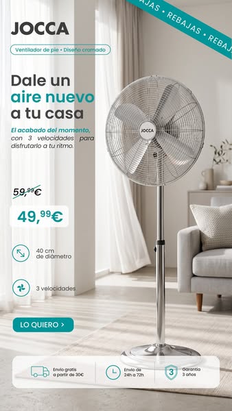 Ventilador de Pie Cromado 40 cm 3 Velocidades | JOCCA