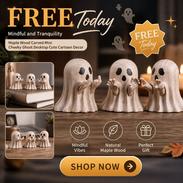 FREE Today: Mindful and Tranquility Maple Wood Carved Mini Cheeky Ghost Desktop Cute Cartoon Decor 3.3 × 3 × 3.9cm