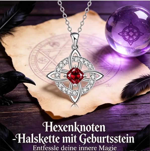 Mystische Geburtsstein-Hexenknoten-Halskette – Naturkristall Beschütze deine Lieben - Januar / Granatkristall / Exquisite Geschenkbox