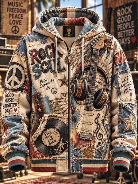 Men's Rock Soul Guitar Vinyl Record Peace Sign Patchwork Print Hooded Zip Up Jacket