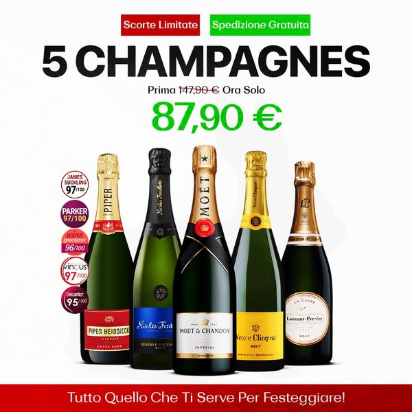 Selezione di 5 Champagne: Bollinger Special Cuvée, Veuve Clicquot Brut, Moët & Chandon Impérial Brut, Taittinger Brut Réserve e Laurent-Perr