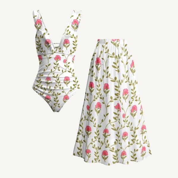 Clover Vine Whisper Ruffled V Neck One Piece Swimsuit and Matching Midi Skirt Set$65.99