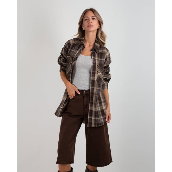 Camicia Over Quadri Tasche Grigio/Moro