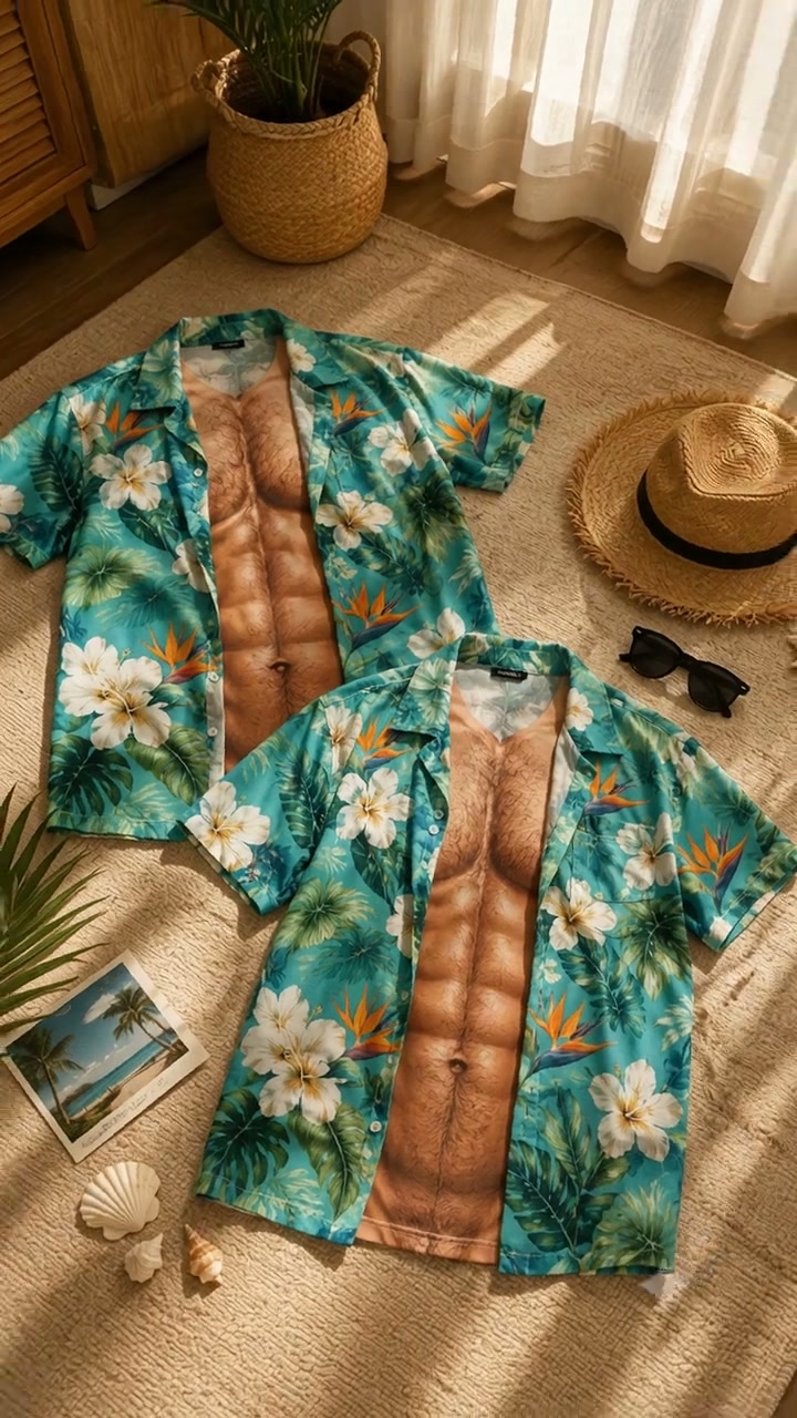 Funny Muscle T Shirt for Men, Hawaiian Shirt Illusion Tee, Personalized 3D Fake Open Shirt