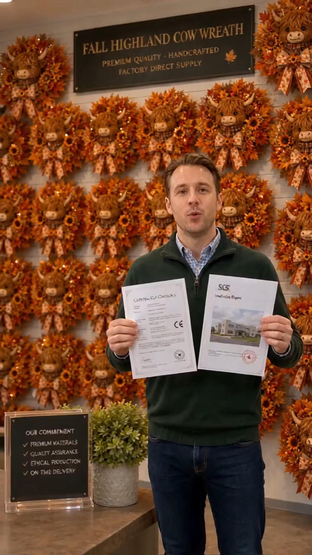 Herbstliche Highland-Kuh-Kranzdekoration mit Lichtern