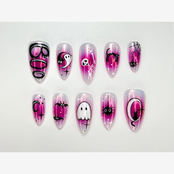 Cute Halloween Glow Press On Nails | Pink Spooky Ghost Nail Art | Glow in Dark Cat & Bat Nails | Adorable Halloween Press Ons | OC104HC