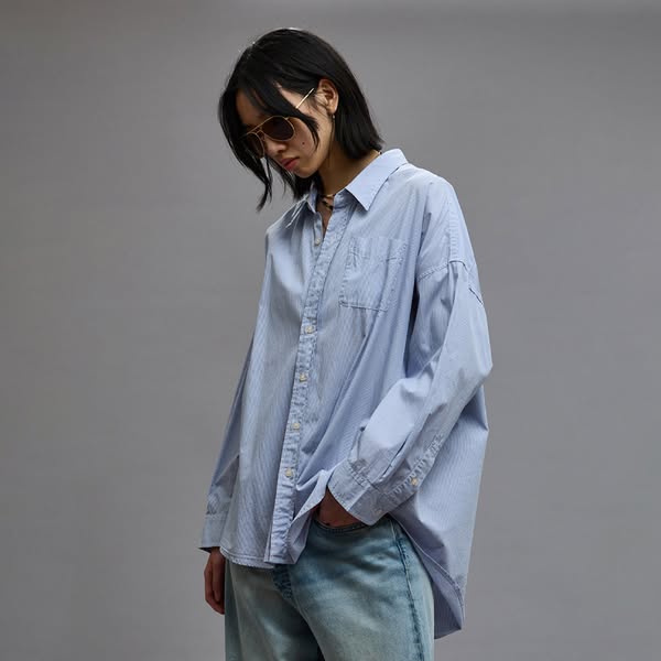 DROP NECK SHIRT - BLUE AND WHITE STRIPE