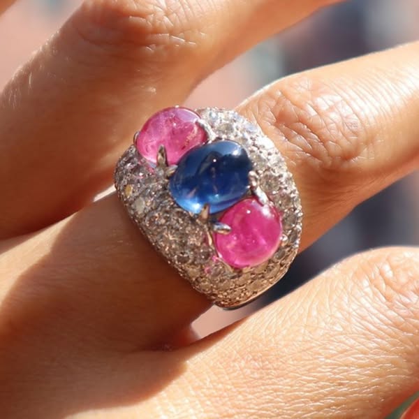 9ctw Cabochon Cut Sapphire & Ruby Cocktail Ring