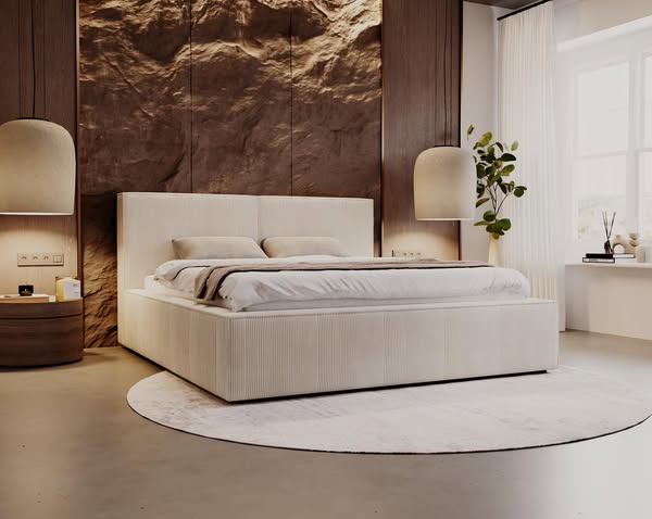 Polsterbett mit Bettkasten 200x200 Creme Cord SANTO