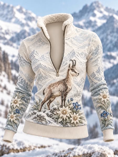 Pull alpin écru au cerf et edelweiss