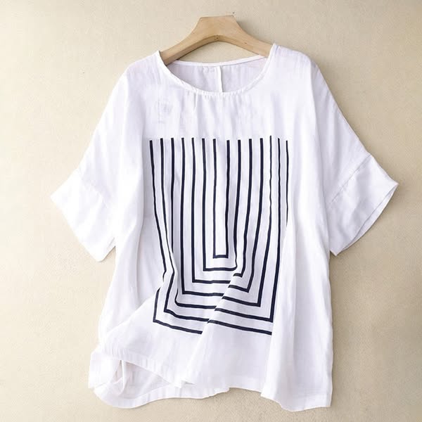 Buddha Stones Casual Line Printing Pattern Short Sleeve Cotton Linen Women's T-Shirt