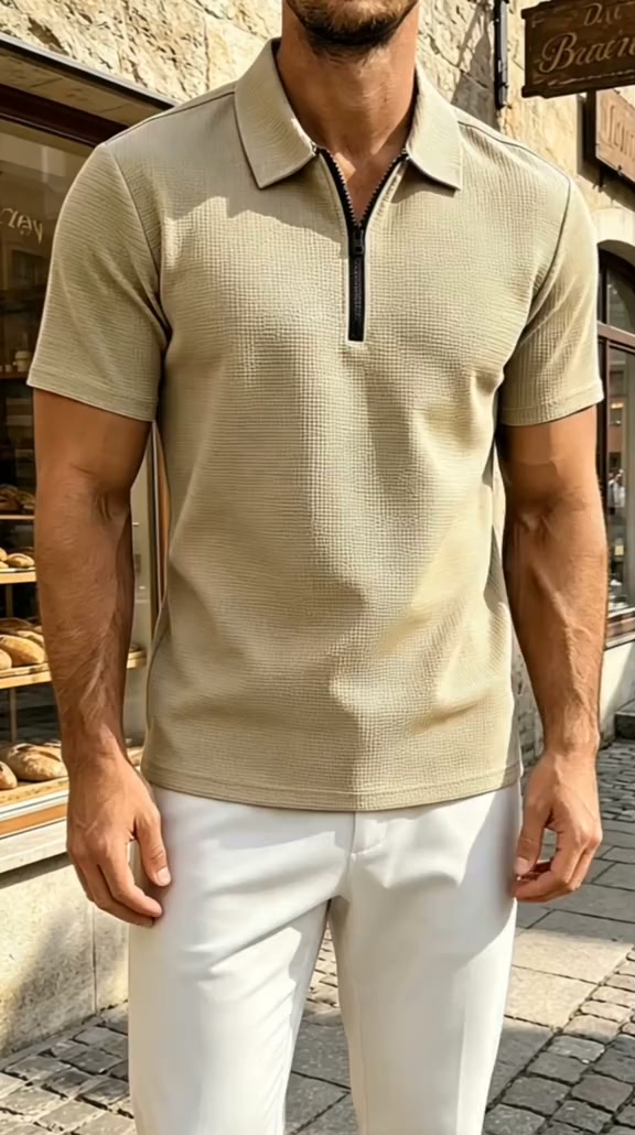 Men's Waffle Knit Quarter Zip Short‑Sleeve Polo Shirt