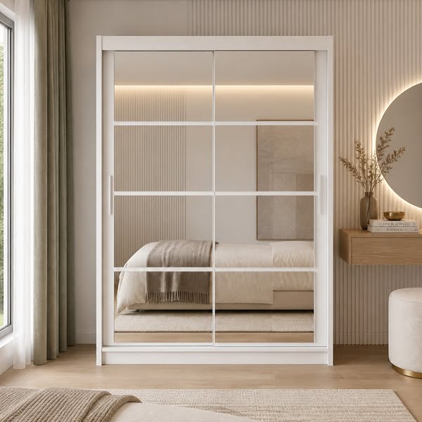 Sliding Wardrobe - DEXTER 2 Door Mirrored Wardrobe White 160cm - Free Next Day Delivery