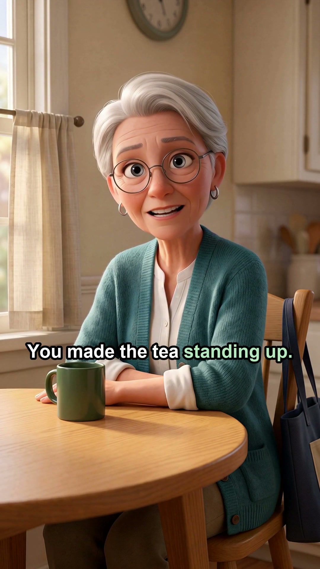 She made the tea standing up.