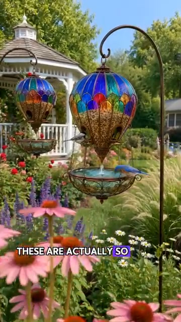 Stained Glass Hot Air Balloon Bird Feeder Fountain