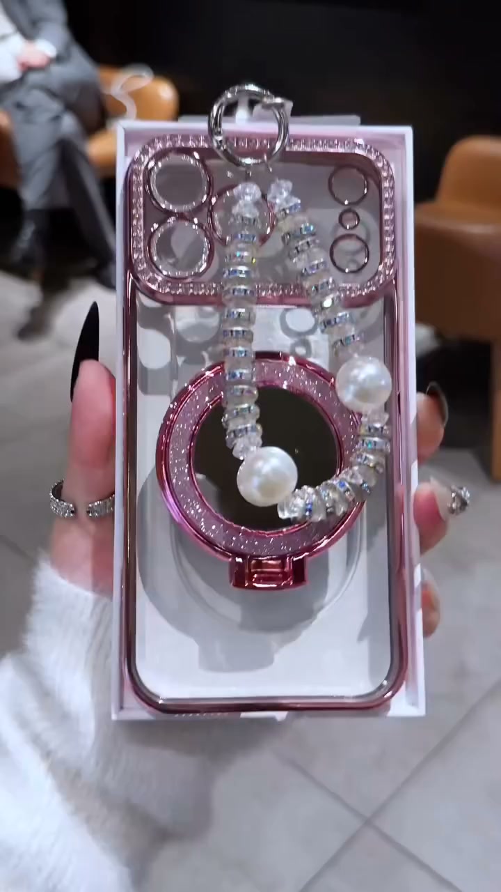 Sparkling Diamond Women's Phone Case with Mirror & Stand for iPhone 12/13/14/15/16/17 Pro Max,17Air,14/15/16 Plus