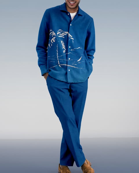 Suitmens Men's Gradient Texture Coconut Tree Long Sleeve Walking Suits-0069