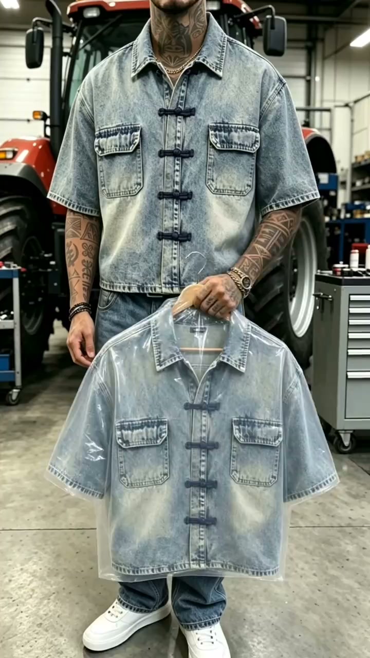 Vintage Wash Frog Button Denim Short Sleeve Shirt