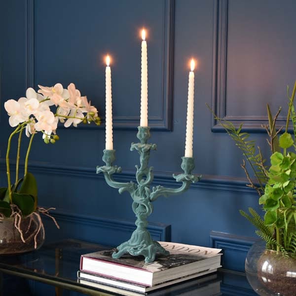Vintage Ornate Flocked Candelabra in Light Grey/Blue