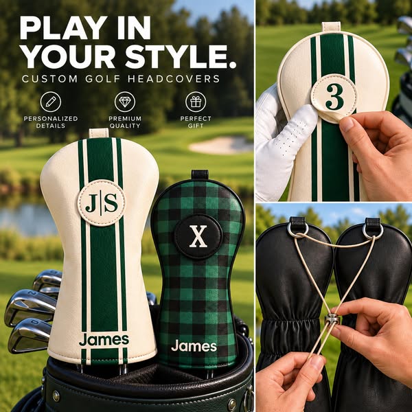 Personalized Golf Club Headcovers With Interchangeable ID Patches, Anti-Loss Adjustable Drawstring, Striped And Plaid Designs Golf Enthusias