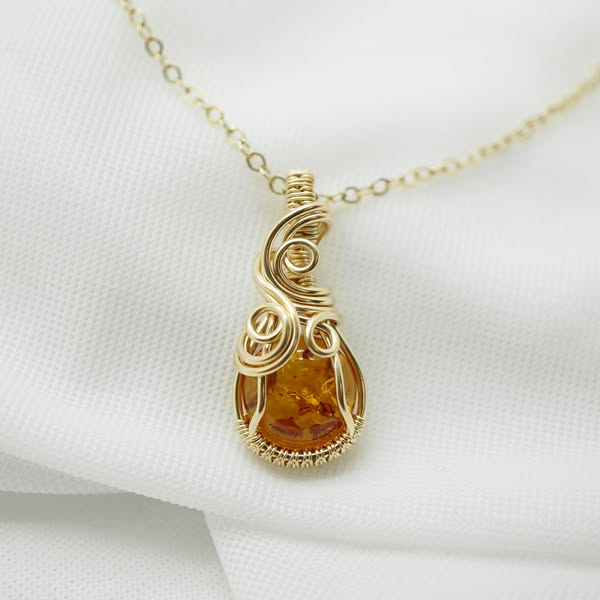 Ketting - Wire wrap hanger - 14K gold filled - Met barnsteen