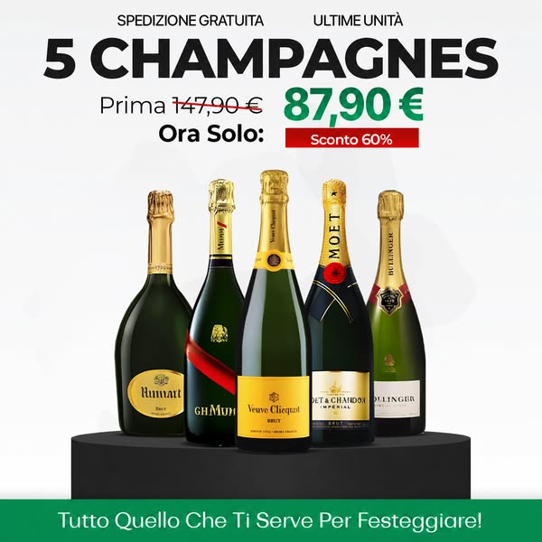 Selezione di 5 Champagne: Bollinger Special Cuvée, Veuve Clicquot Brut, Moët & Chandon Impérial Brut, Taittinger Brut Réserve e Laurent-Perr