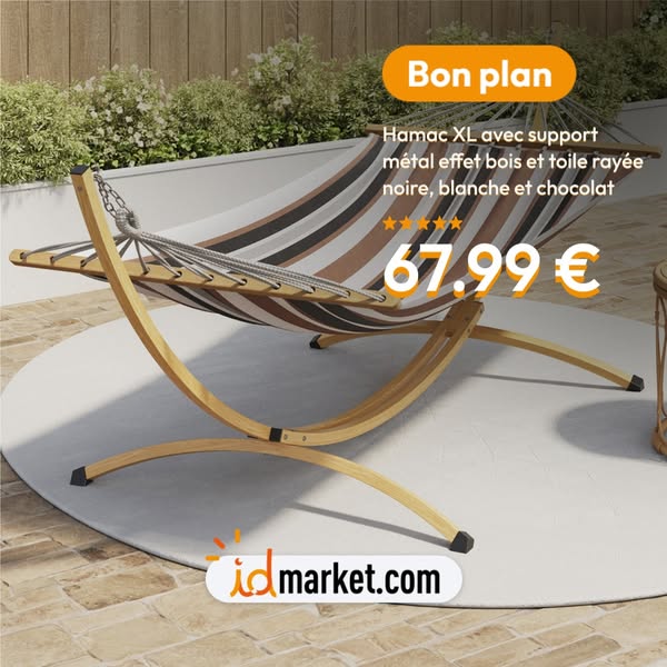 Hamac XL avec support métal effet bois et toile rayée noire, blanche et chocolat
