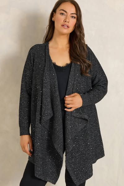 Evans Plus Size Black Sparkle Waterfall Cardigan
