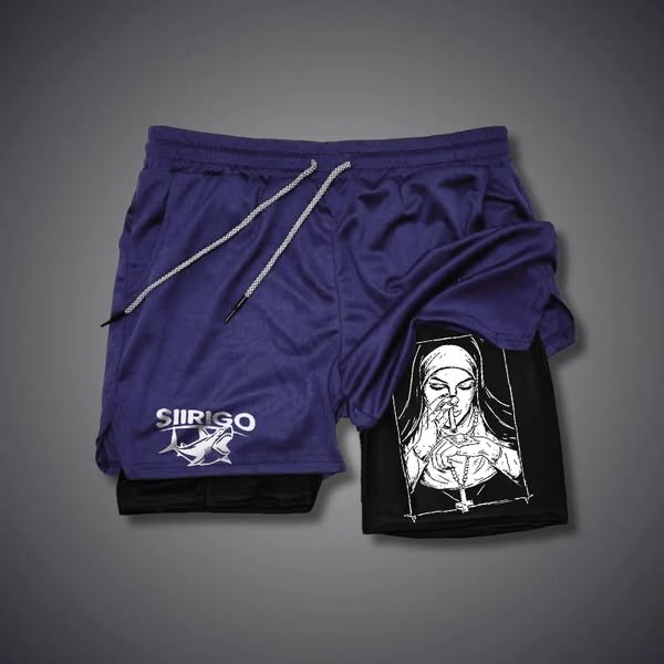 Bad Religious Nun Graphic Casual GYM PERFORMANCE SHORTS Blue2-3XL