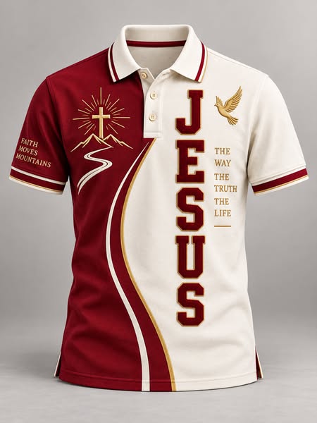 Men's JESUS The Way The Truth The Life Cross Mountain Dove Faith Moves Mountains Two Tone Art Print Short Sleeve Polo Shirt