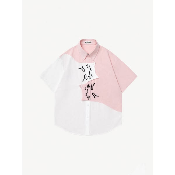 OYL-Lab Color Block Cat Embroidery Short Sleeve Shirt