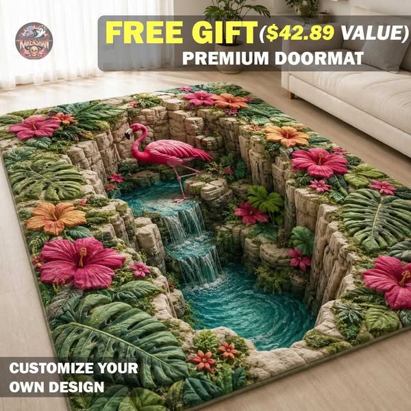 3D Flamingo Oasis Area Rug, Pink Bird Kitchen Mat, Tropical Waterfall Runner Rug, Coastal Jungle Home Decor, Botanical Paradise Doormat