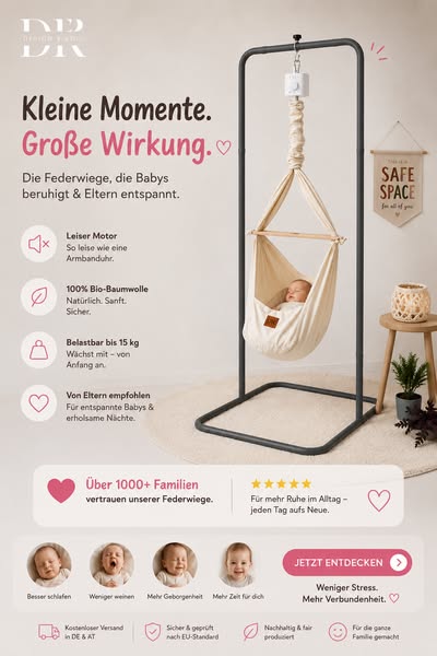 Design4Kids Federwiege Baby Classic, Bio-Baumwolle mit Motor & Komfort-Gestell