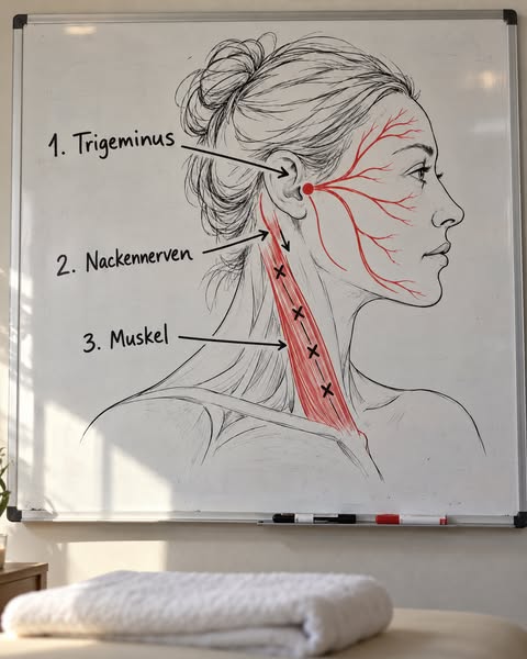Neun Jahre lang nannte mein Arzt es Spannungskopfschmerzen. Schmerzmittel. Stress reduzieren. Dann stellte mir meine Masseurin eine einzige