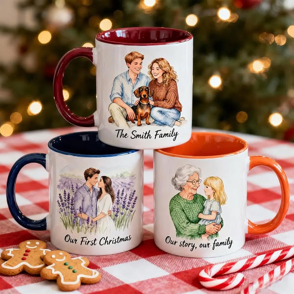 Illustrated Portrait Mug, Couple & Family Coffee Cup, Personalized Christmas or Anniversary Gift, Custom Pet Art