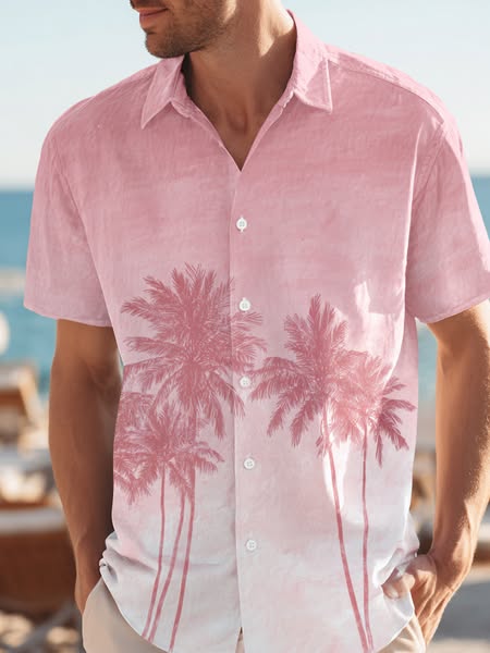 Men's Pink Palm Tree Print Short-Sleeve Button Down Shirt