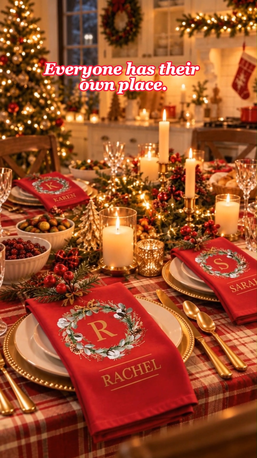 Personalized Christmas Wreath 100% Cotton Red Table Napkin with Initial and Name