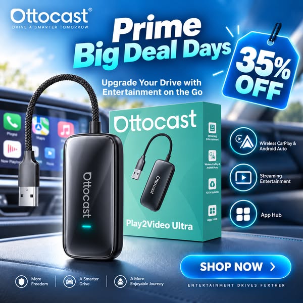 Ottocast® Play2Video Ultra CarPlay/Android Auto All-in-1 Adapter with App Hub