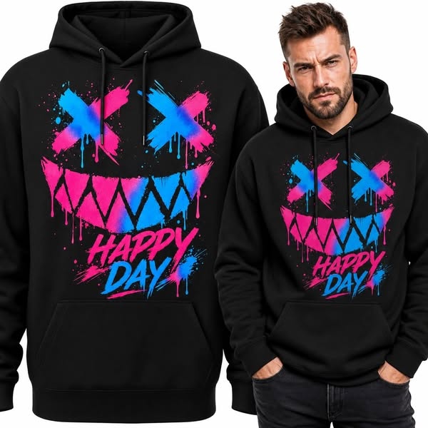 Bluza męska z kapturem z neonową twarzą graffiti i napisem „Happy Day” - streetwear