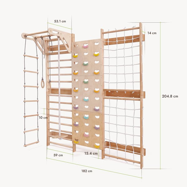 7-in-1 Kletterwand fürs Kinderzimmer mit Sprossenwand, Kletternetz, Klimmzugstange & (3in1) Kinderschaukel-Set
