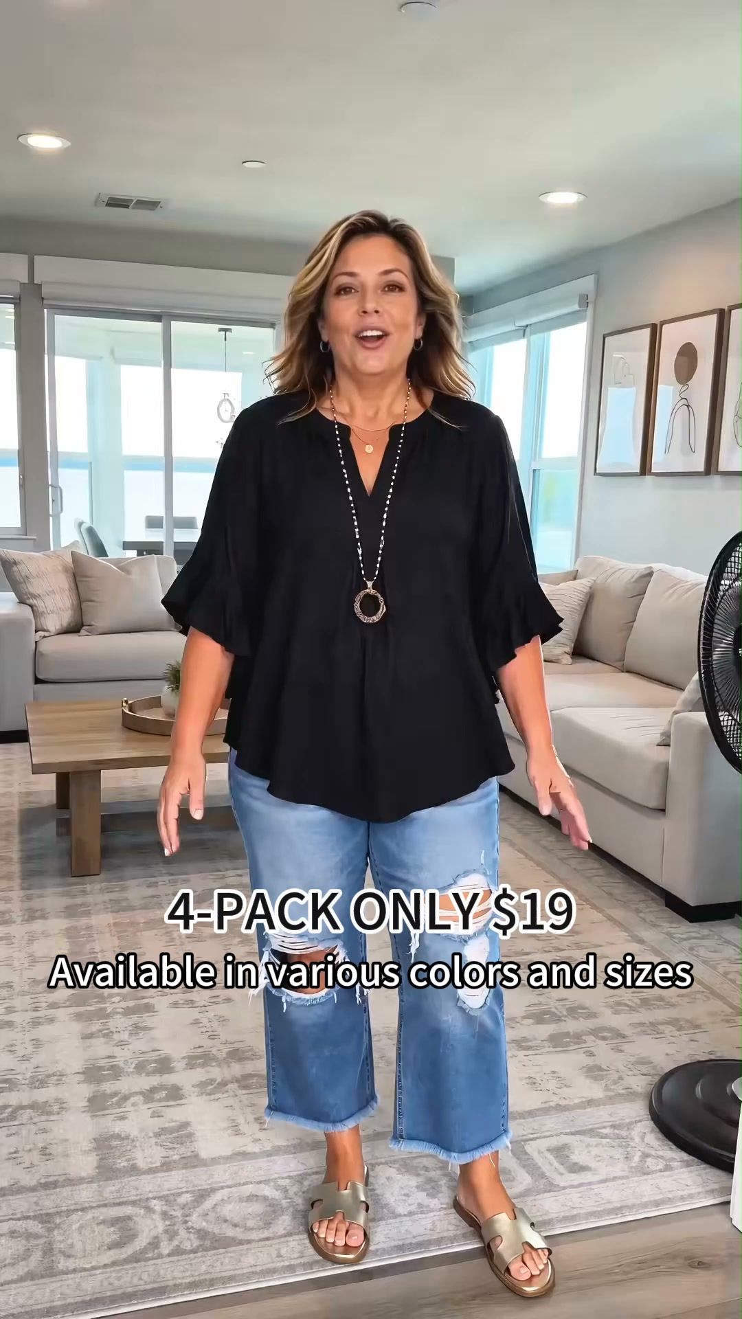 Plus Size Women's Ruffled Sleeve V-Neck Shirt Blouse Tops, Elegant Floral Design