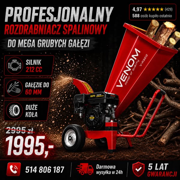 OSTATNIE SZTUKI W PROMOCJI VENOM RATO 212cc rozdrabniacz do mega grubych gałęzi 60 mm duże koła darmowa dostawa