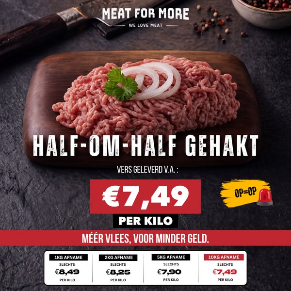 10KG half-om-halfgehakt voor €74,90