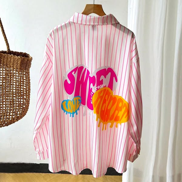 SHEIN Multicolor Plus Size Striped Shirt Women's Blouses Tops Oversized Drop Shoulder Collar Digital Print Heart Splash Ink Woven Fabric Cas
