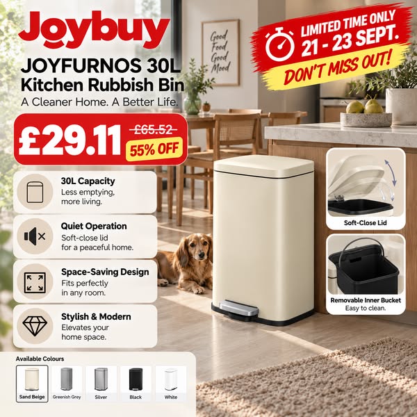 JOYFURNOS 30L KitchenRubbish Bin with Soft-Close Lid and Inner Bucket, Sand Beige | Trash Bins | Joybuy